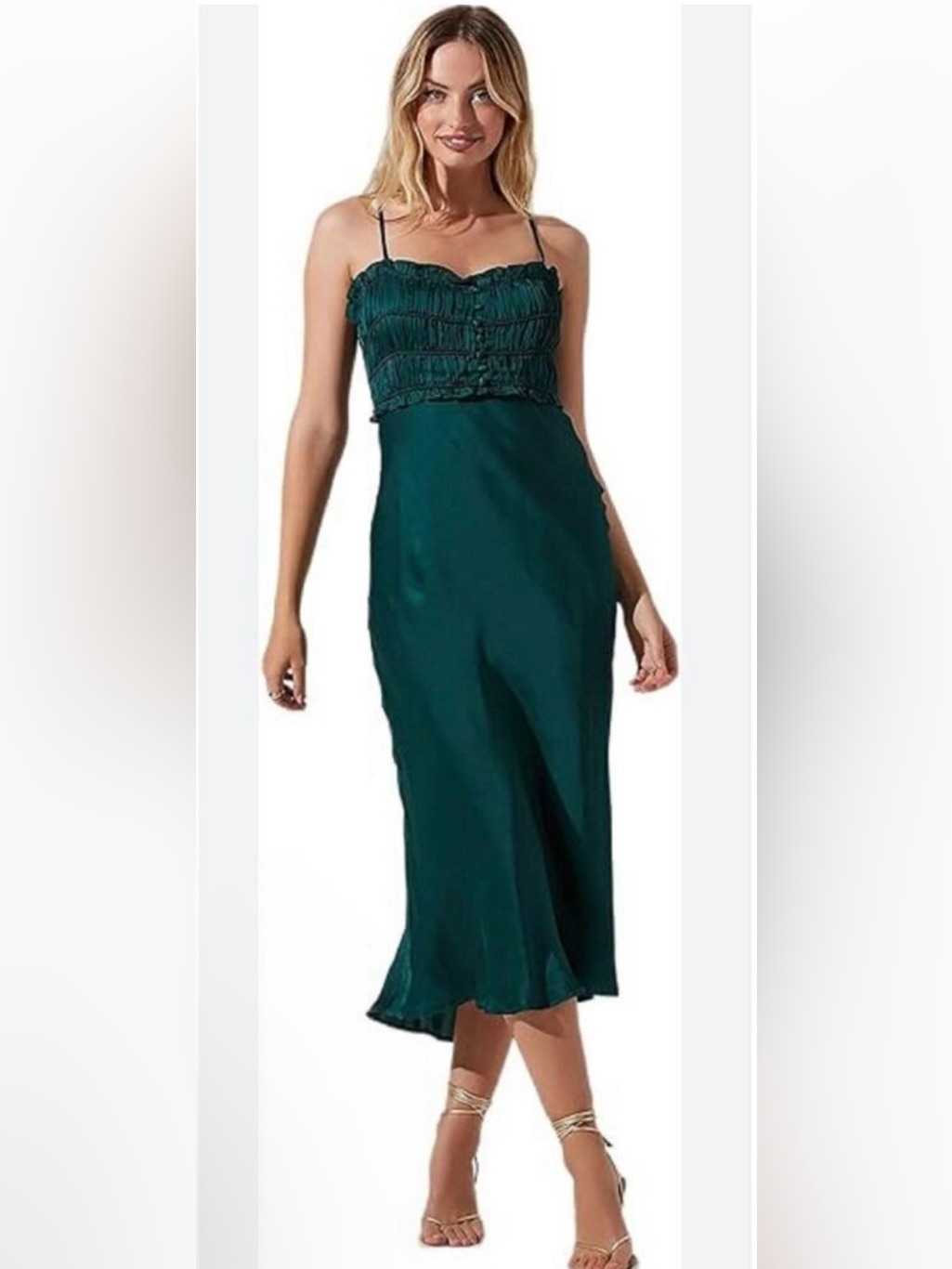 Astr Emerald Green Maxi Satin Slip Dress With Ruching